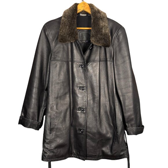 Vintage 90s Black Leather Belted Coat Removable Collar – The Olde Hide House - Picture 10 of 14